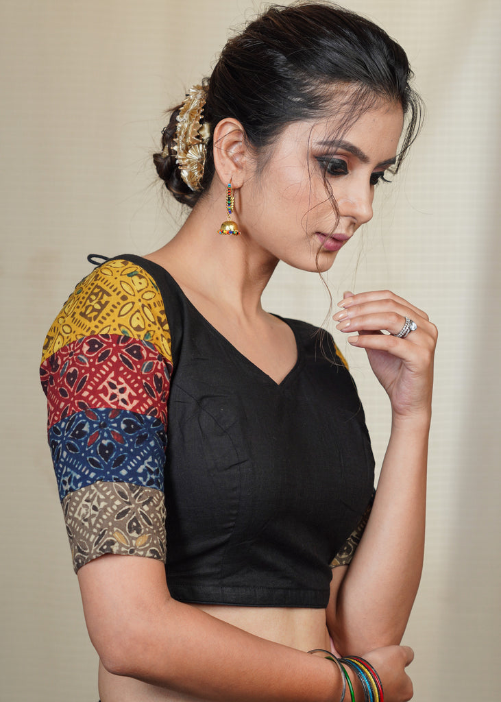 Black Cotton Blouse With Colourful Ajrakh Patchwork in the Sleeves