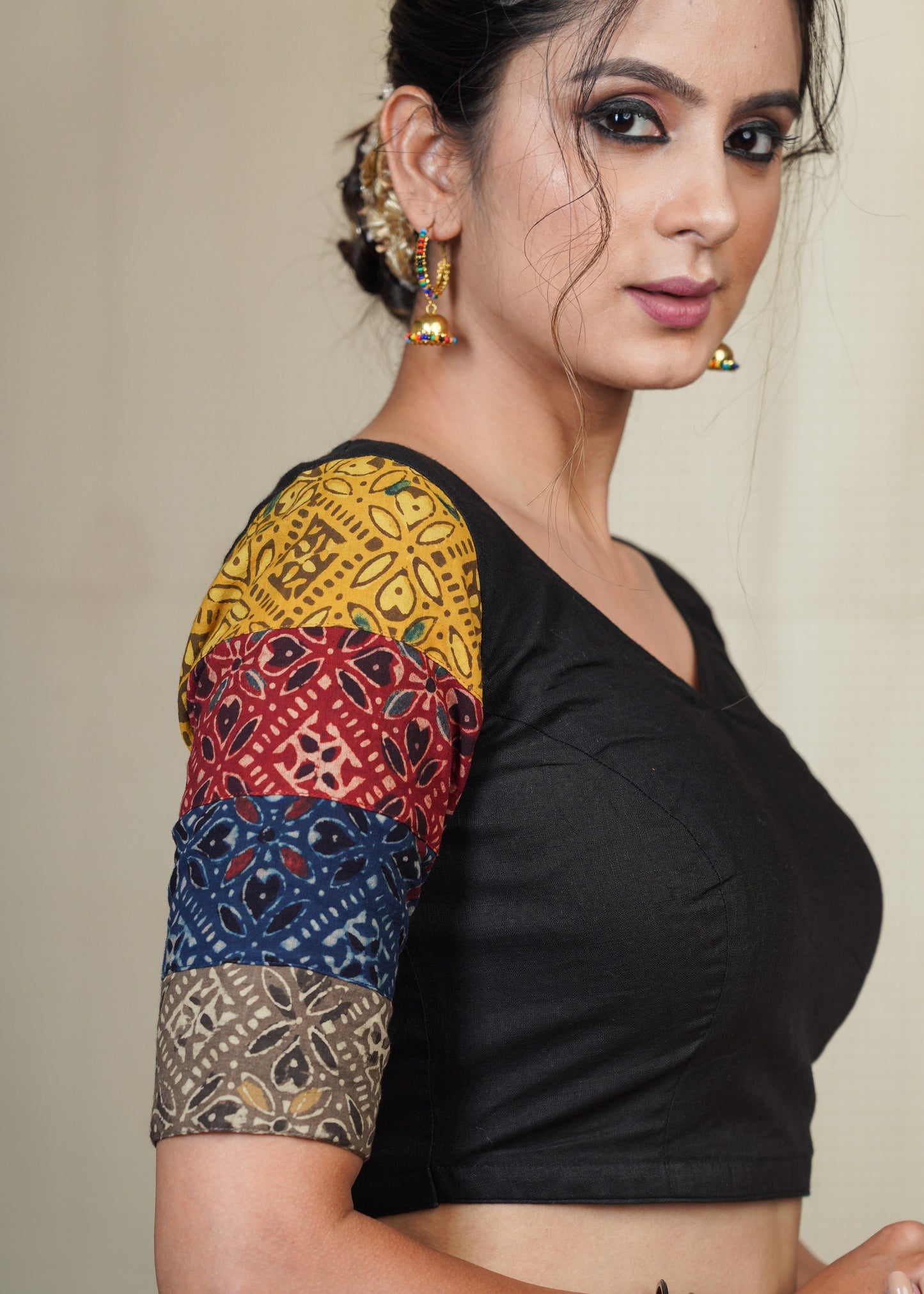 Black Cotton Blouse With Colourful Ajrakh Patchwork in the Sleeves