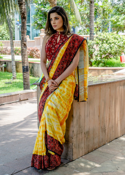 Exclusive Linen shibori saree with Ajrakh & Kutchi Mirror work border