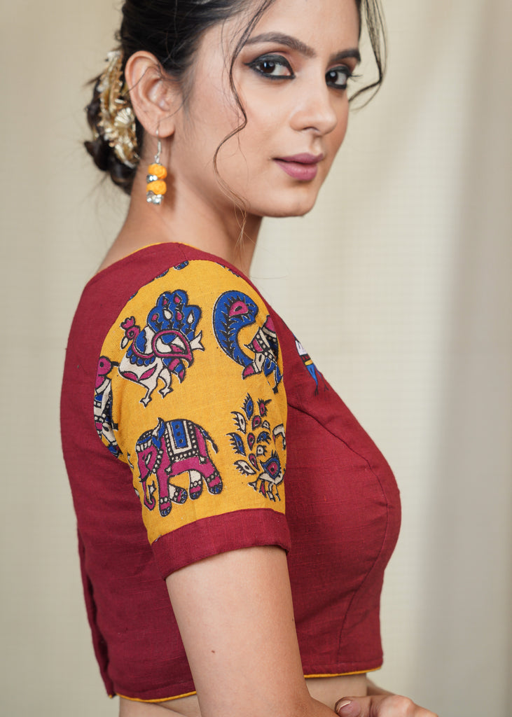Maroon Cotton Blouse With Kalamkari Sleeves and Gond Painted Motif in Front