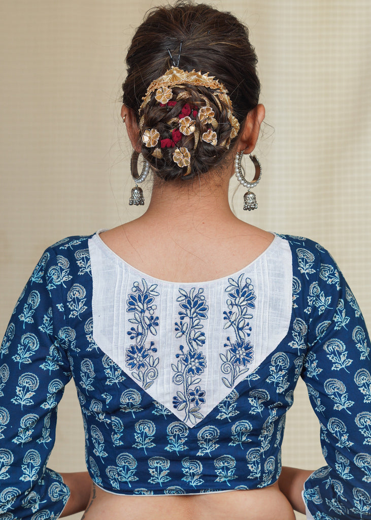 Cotton Block Print Blouse with pleated Embroidered Back Panel and wooden Button