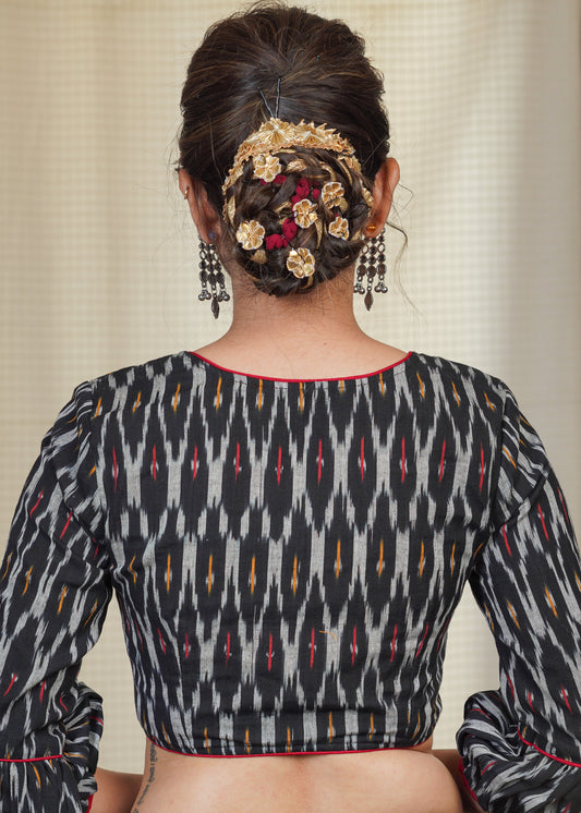 Black Cotton Ikat Blouse with Gathered Cuff