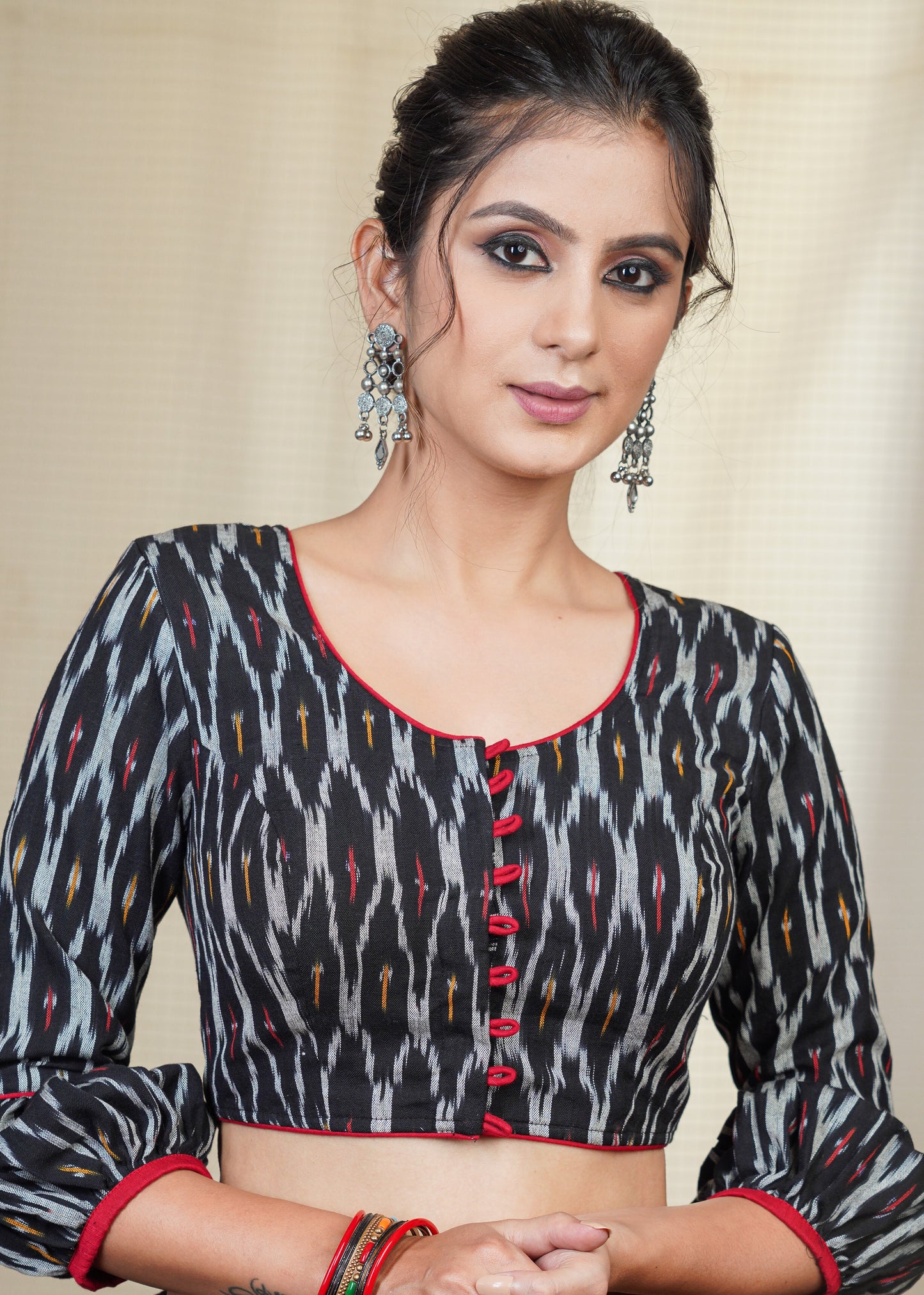 Black Cotton Ikat Blouse with Gathered Cuff