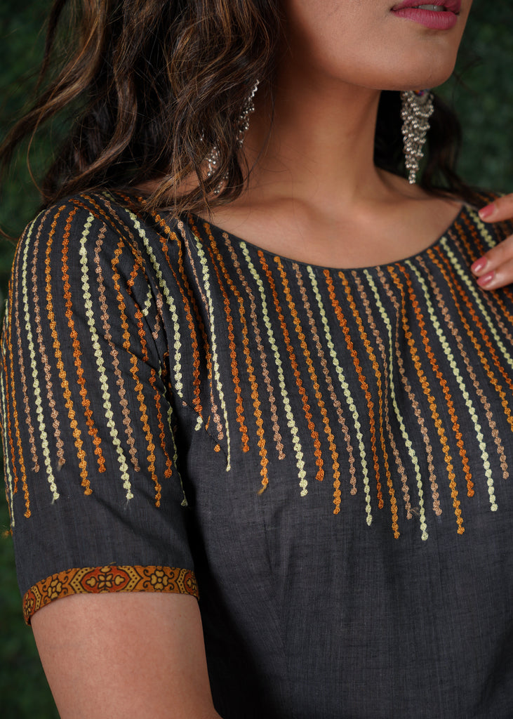 Grey Handloom Cotton Kurta with Embroidery & Ajrakh border