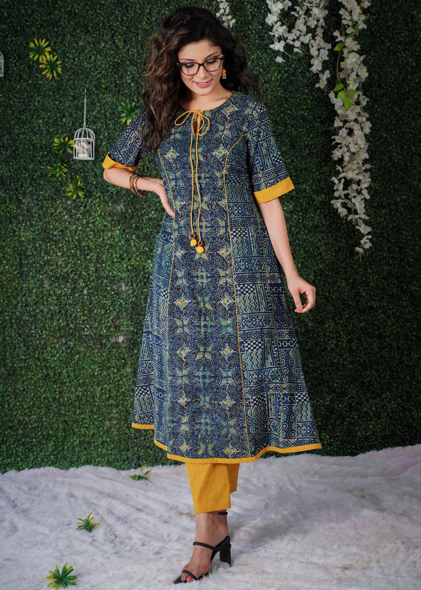 Indigo Blue Kurta with Mustard Detailing