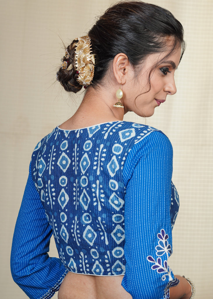 Cotton Indigo Blouse With Emdroidered Sleeve and designer cuts at Front and sleeves