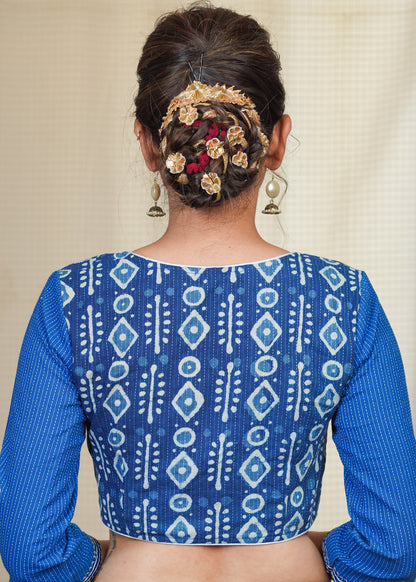 Cotton Indigo Blouse With Embroidered Sleeve and designer cuts at Front and sleeves