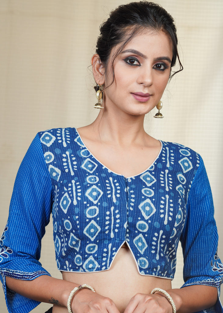 Cotton Indigo Blouse With Emdroidered Sleeve and designer cuts at Front and sleeves