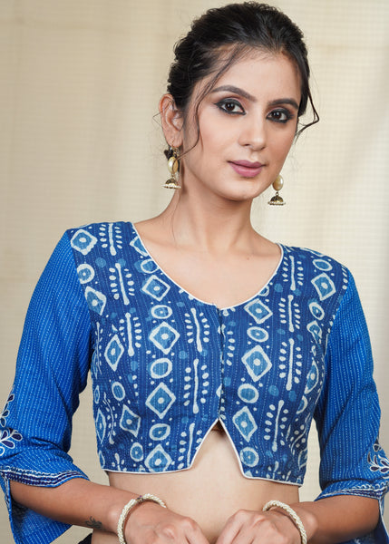 Cotton Indigo Blouse With Embroidered Sleeve and designer cuts at Front and sleeves