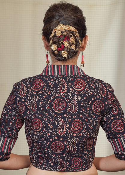 Black Collared Cotton  Ajrakh Combination Blouse with Lace on the sleeves