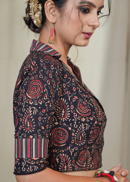 Black Collared Cotton  Ajrakh Combination Blouse with Lace on the sleeves