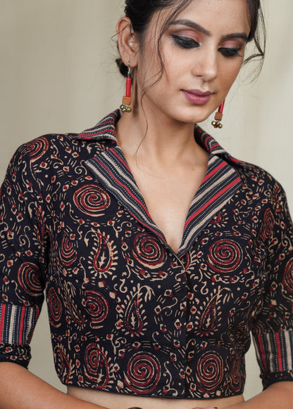 Black Collared Cotton  Ajrakh Combination Blouse with Lace on the sleeves