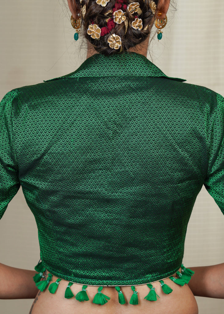 Green Smart Collared Khun Blouse with tassles at the Hem and applique at collar and sleeves. Lining Given