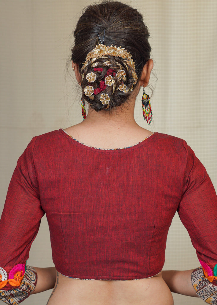 Maroon Cotton Handloom Blouse with Kalamkari and embroidered lace at the sleeves .Lining given