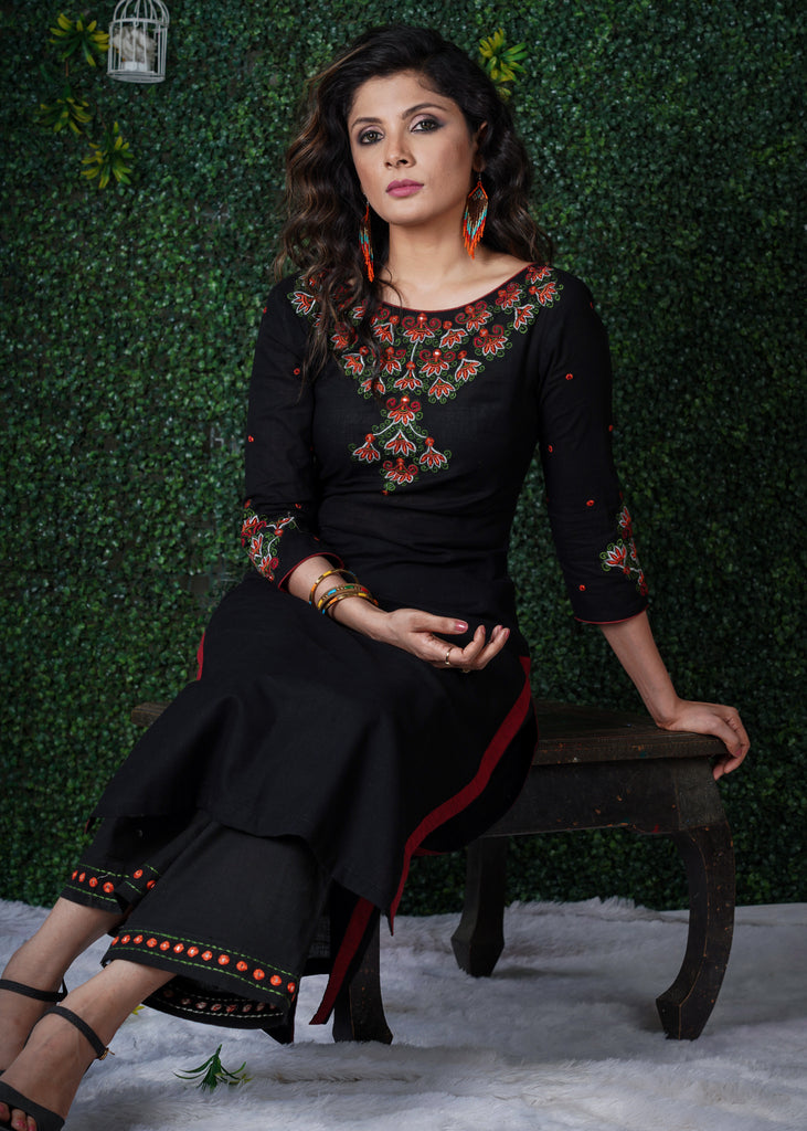 Black  Cotton Kurta with embroidery on yoke & sleeves  with Pant and Dupatta - 3 Pc