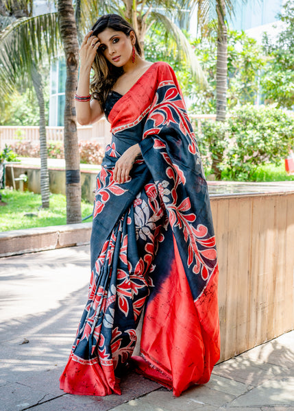 Pure silk batik black and red combination saree