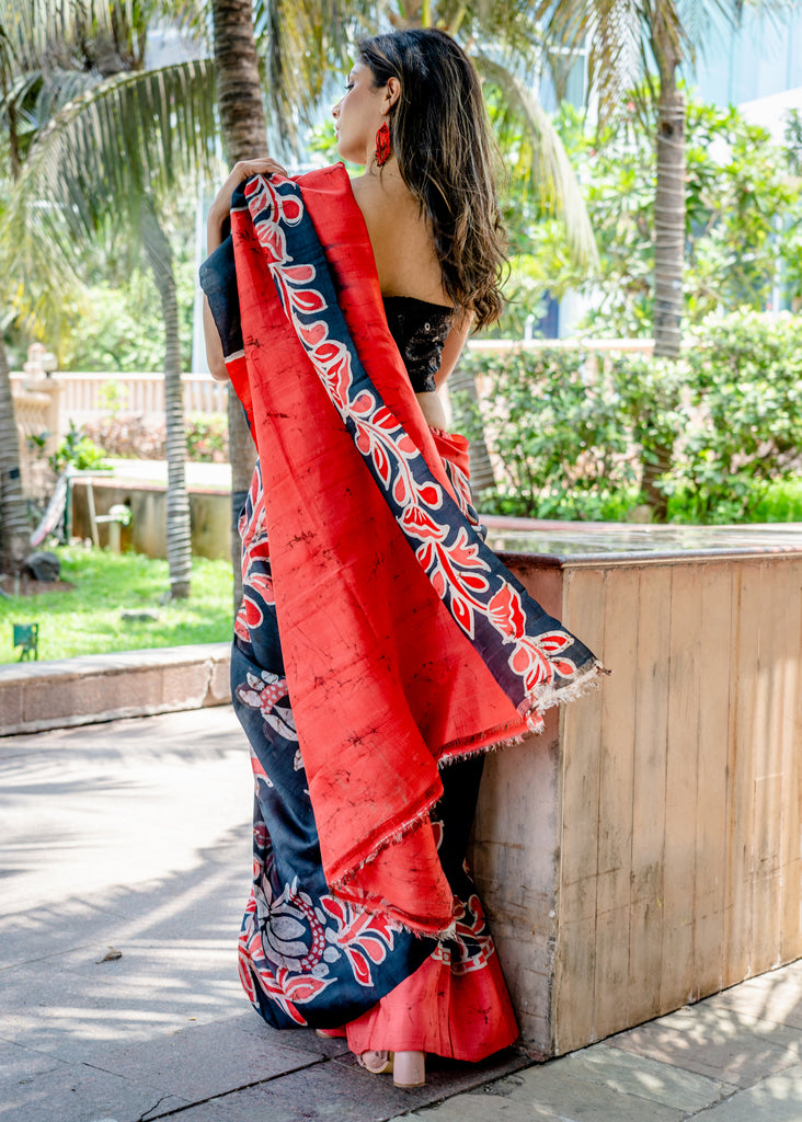 Pure silk batik black and red combination saree