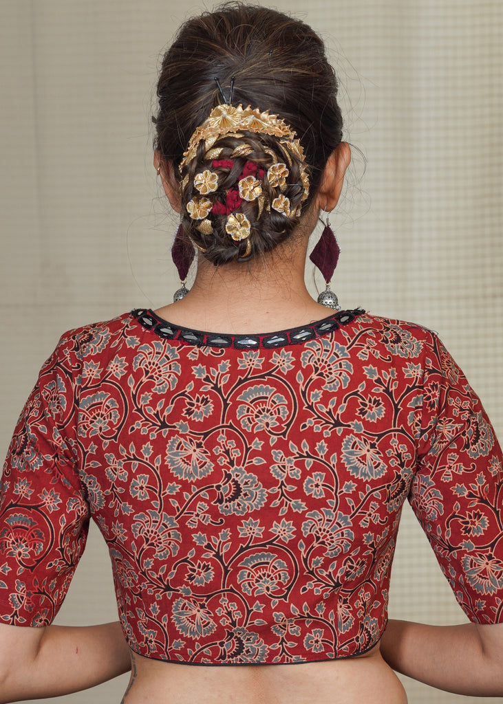 Brick Colour cotton Ajrakh Blouse with Hand Mirrorwork at the Neck