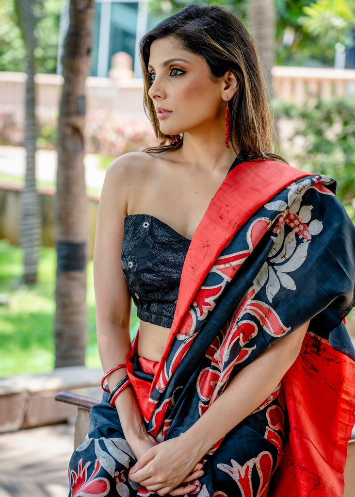 Pure silk batik black and red combination saree