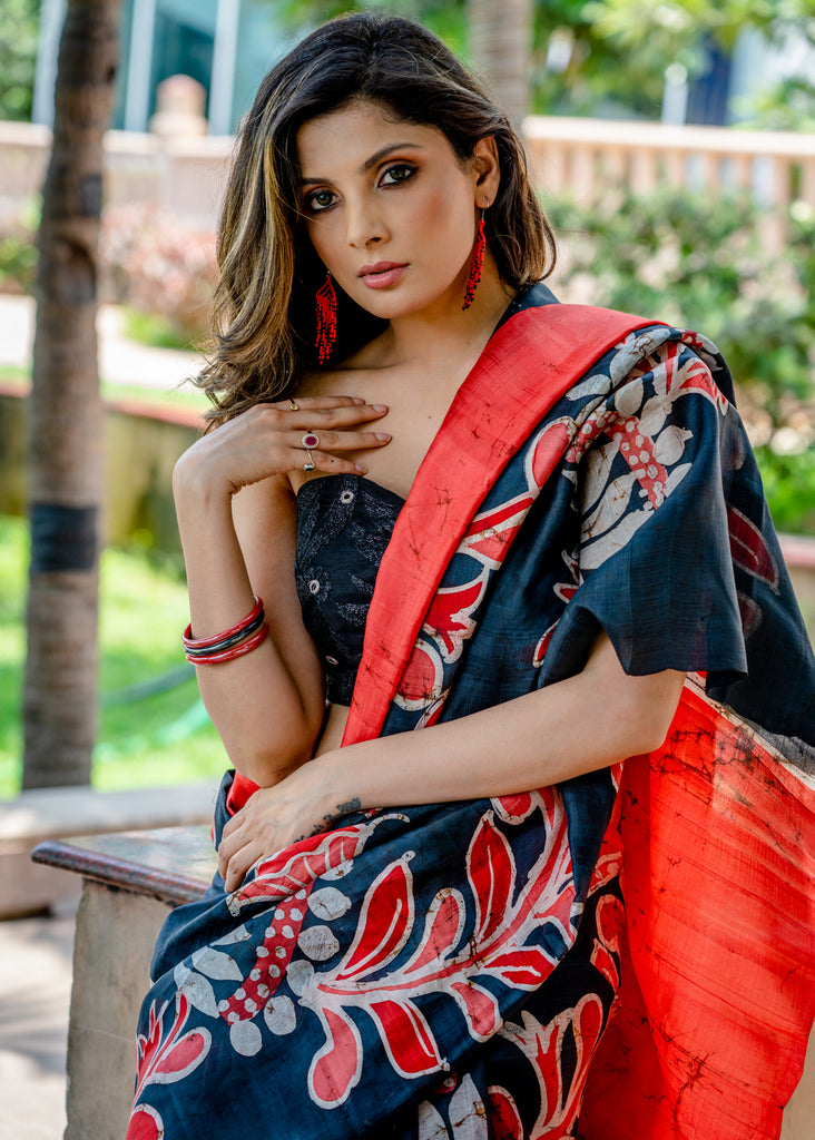 Pure silk batik black and red combination saree