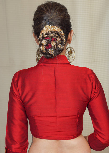Maroon Cotton Silk Collared Blouse with exclusive Handwork on the Collar and sleeves