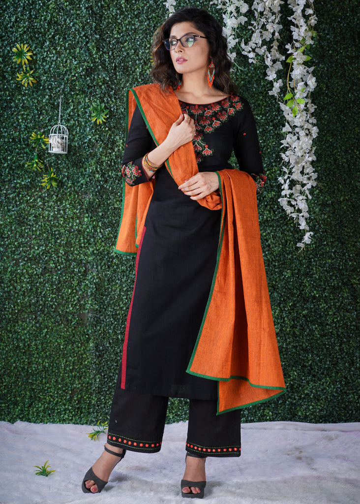 Black  Cotton Kurta with embroidery on yoke & sleeves  with Pant and Dupatta - 3 Pc