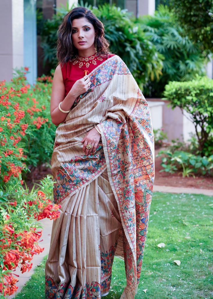 Pure Ghicha silk handpainted madhubani saree