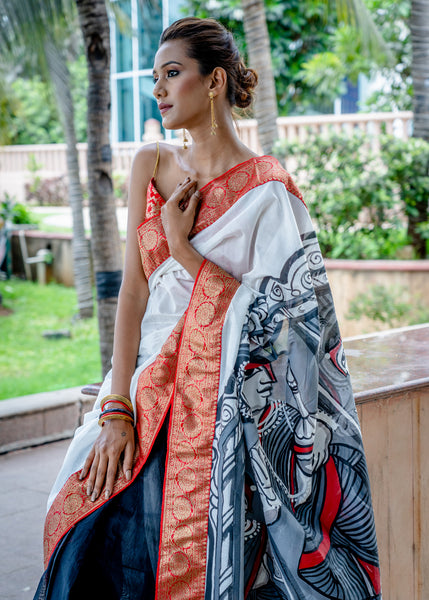 Exquisite white and black Chanderi handpainted saree with banarasi border