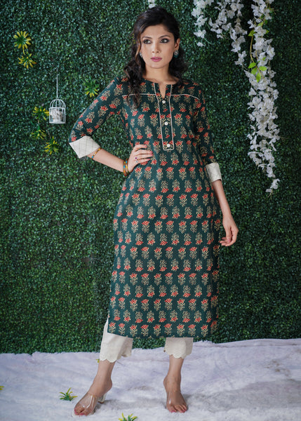 Forest Green Cotton Block Print  Kurta with off-white Detailing