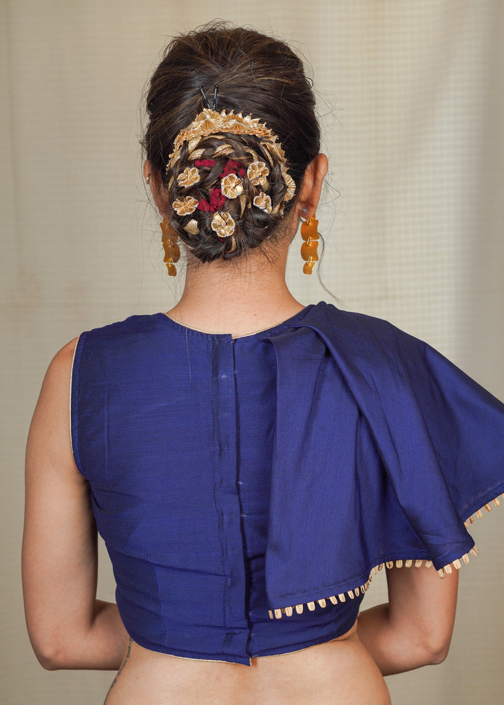 Blue cotton silk Smart Blouse / Crop Top with flaired laced designer sleeves on the right side