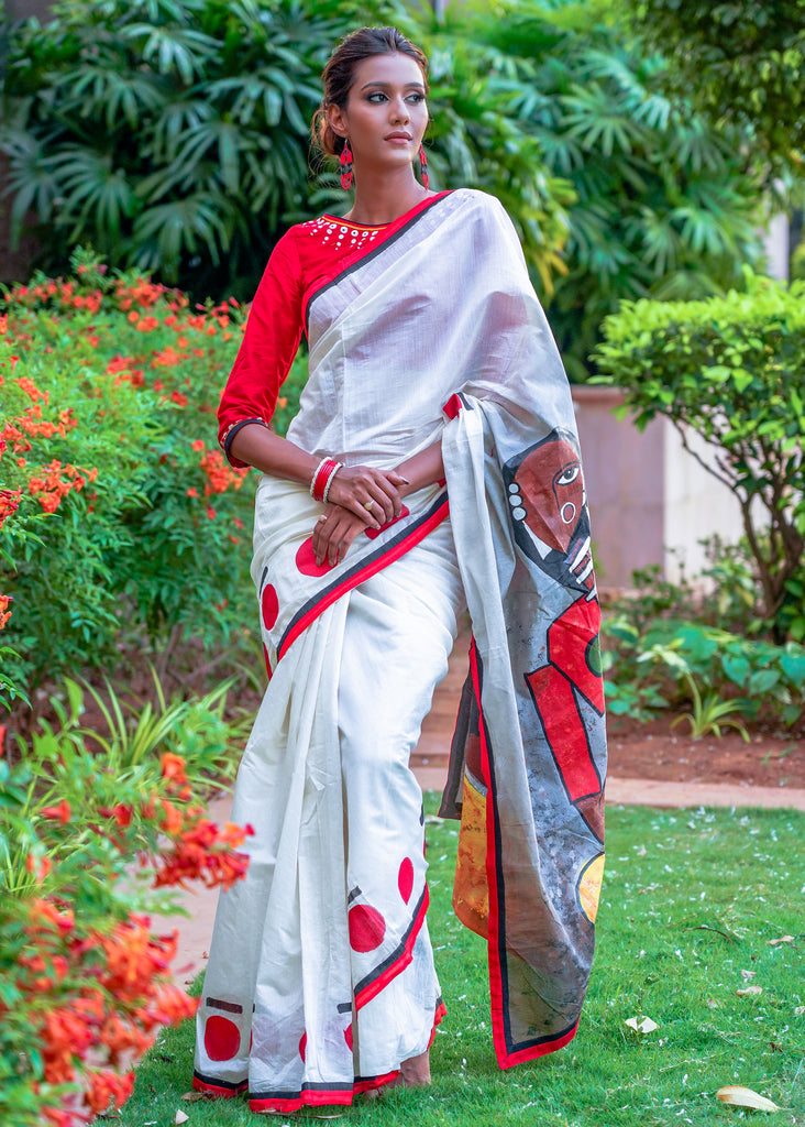 Chanderi white saree with red handpainted modern art