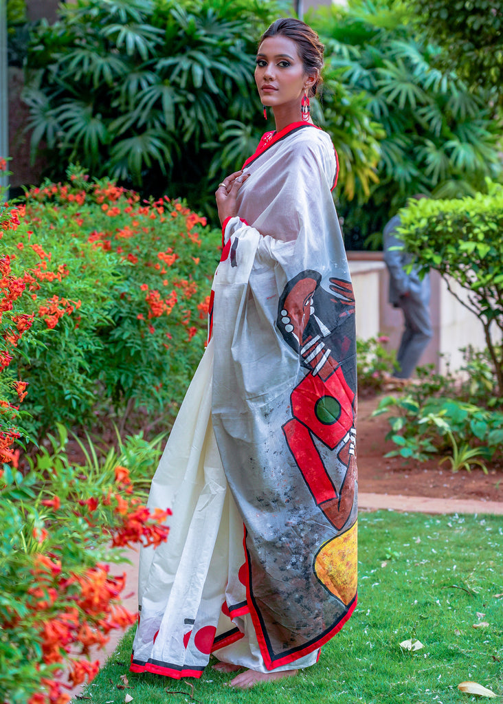Chanderi white saree with red handpainted modern art