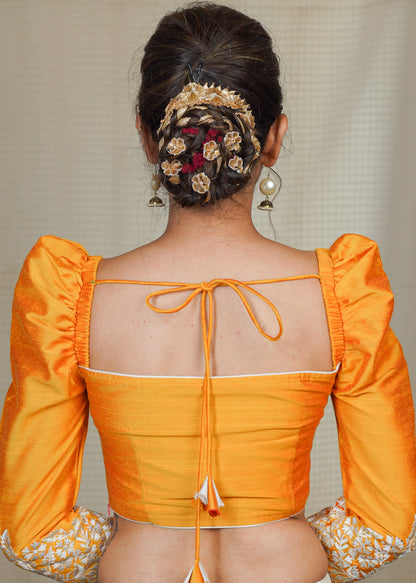 Yellow Cotton Silk Blouse with Exclusive Embroidery on the Gathered sleeves