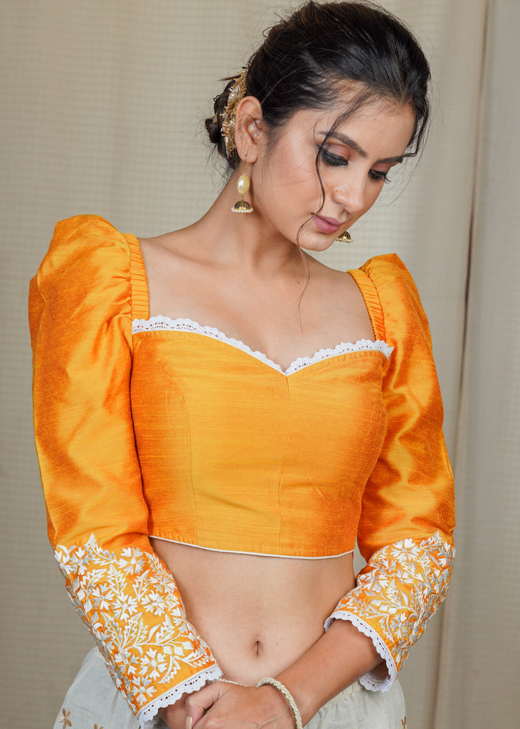 Yellow Cotton Silk Blouse with Exclusive Embroidery on the Gathered sleeves