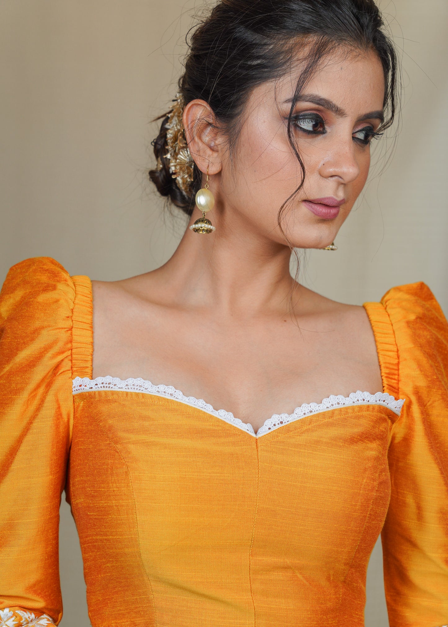 Yellow Cotton Silk Blouse with Exclusive Embroidery on the Gathered sleeves