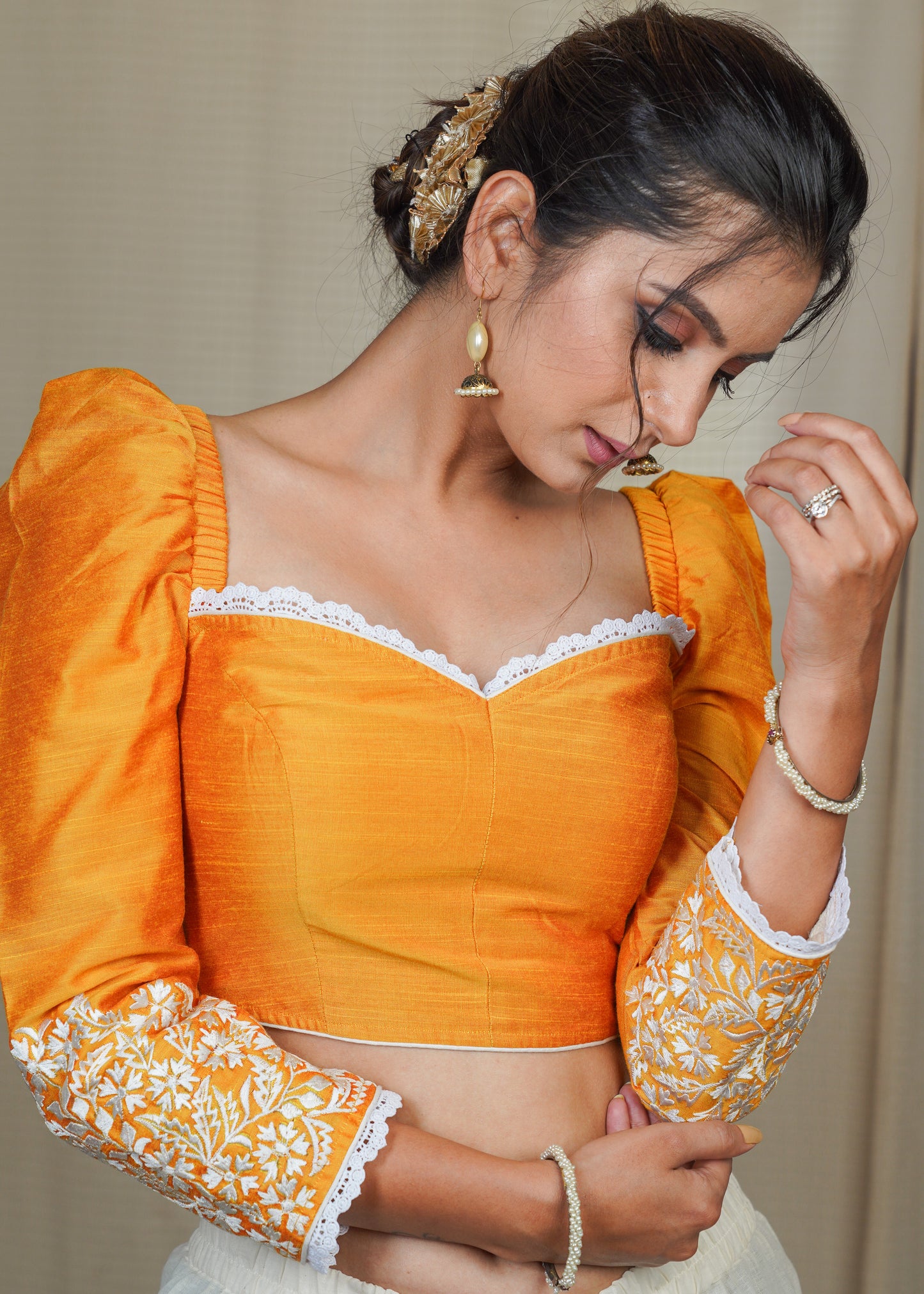 Yellow Cotton Silk Blouse with Exclusive Embroidery on the Gathered sleeves