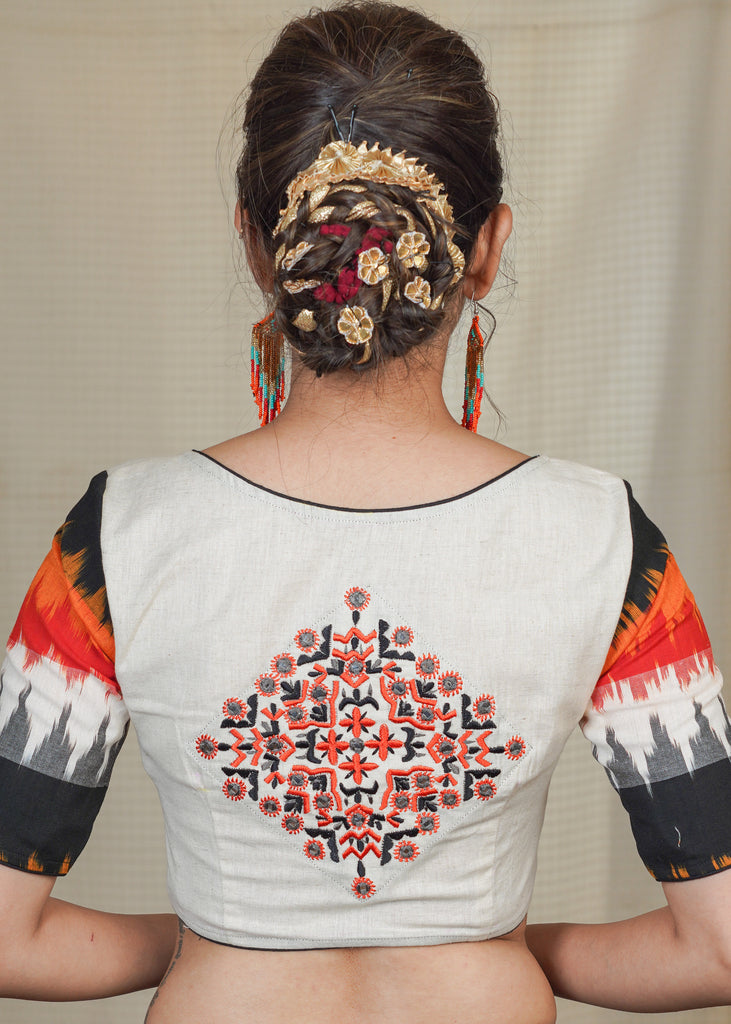 Offwhite and Ikat Combination Cotton Blouse with Exclusive embroidery at the back