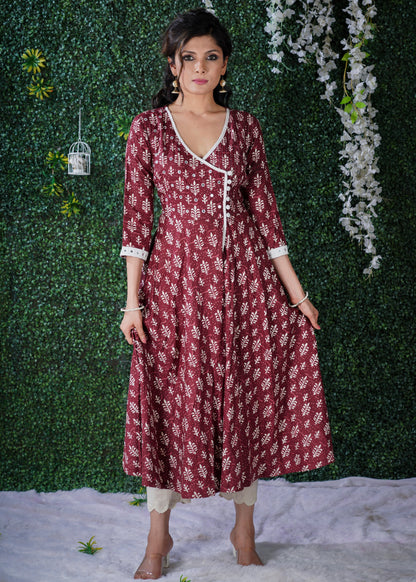 Exclusive Maroon Dabu Print Angarkha  Style Kurta With Hand Embroidered Mirror work on the Yoke