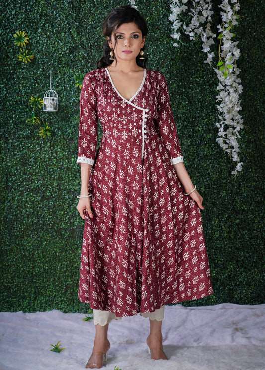 Exclusive Maroon Dabu Print Angarkha  Style Kurta With Hand Embroidered Mirror work on the Yoke