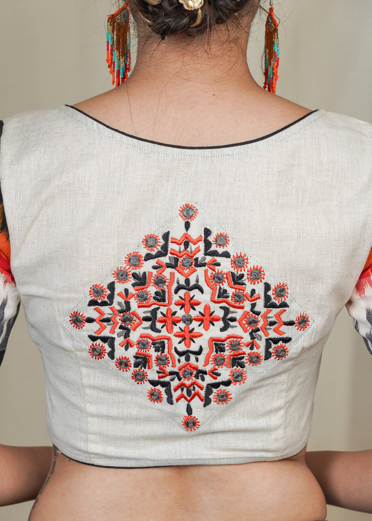 Offwhite and Ikat Combination Cotton Blouse with Exclusive embroidery at the back