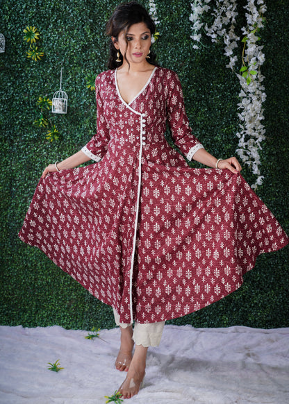 Exclusive Maroon Dabu Print Angarkha  Style Kurta With Hand Embroidered Mirror work on the Yoke
