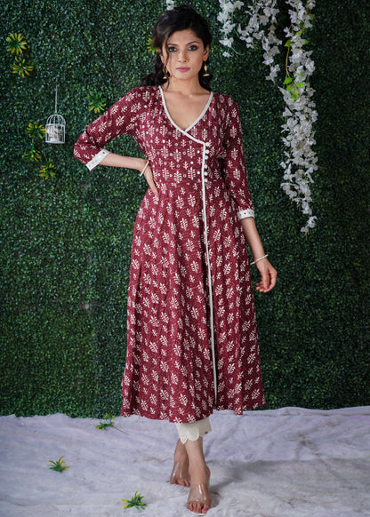 Exclusive Maroon Dabu Print Angarkha  Style Kurta With Hand Embroidered Mirror work on the Yoke