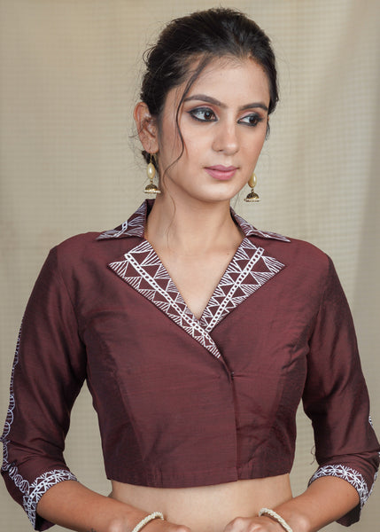 Classy Coffee Brown Collared  Cotton Silk Hand Painted Blouse
