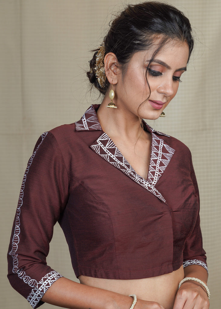 Classy Coffee Brown Collared  Cotton Silk Hand Painted Blouse