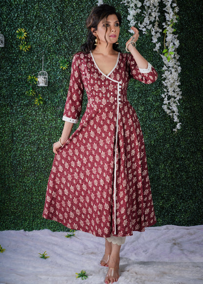 Exclusive Maroon Dabu Print Angarkha  Style Kurta With Hand Embroidered Mirror work on the Yoke