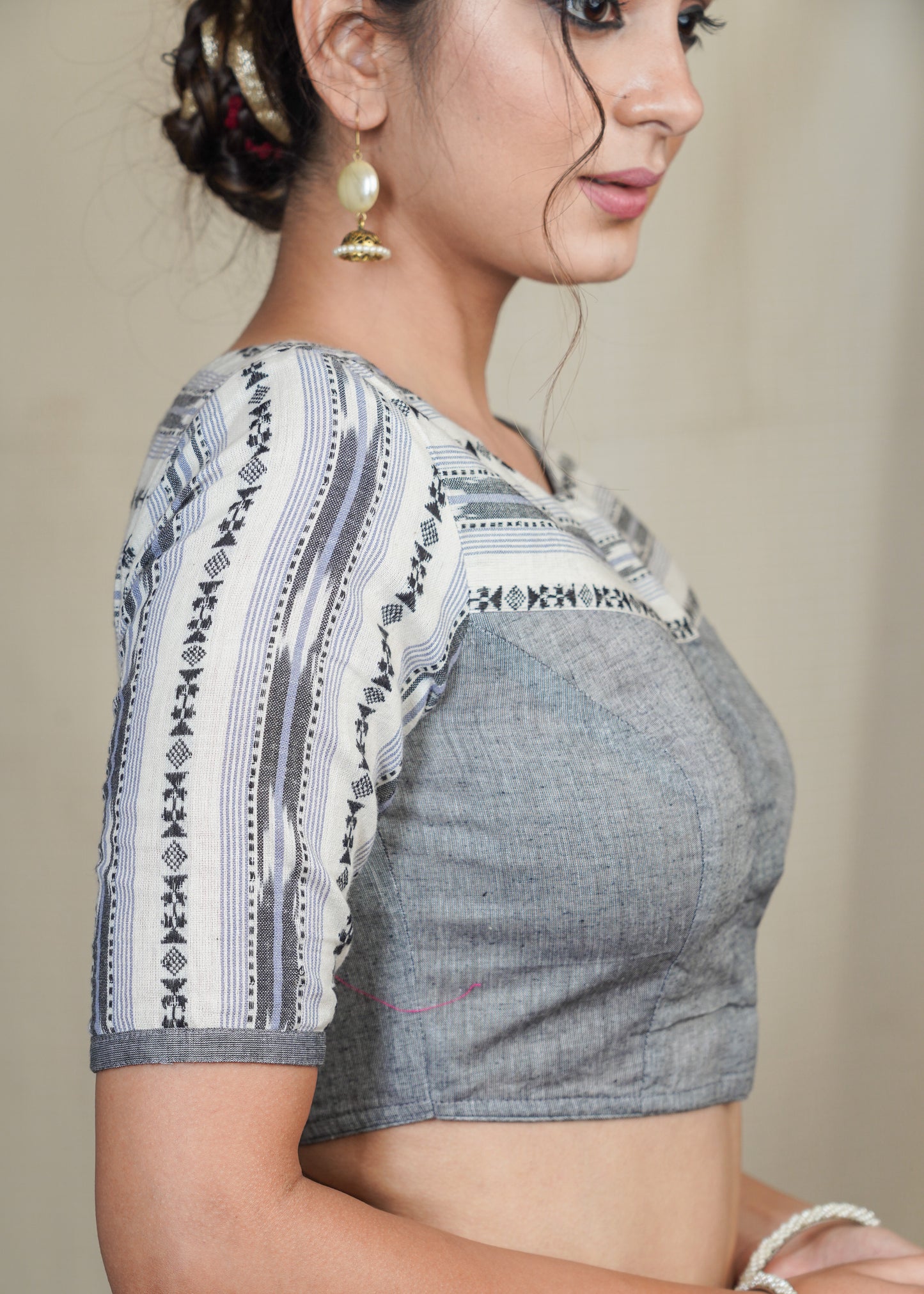 Grey Handloom Cotton Blouse with Ikat Combination