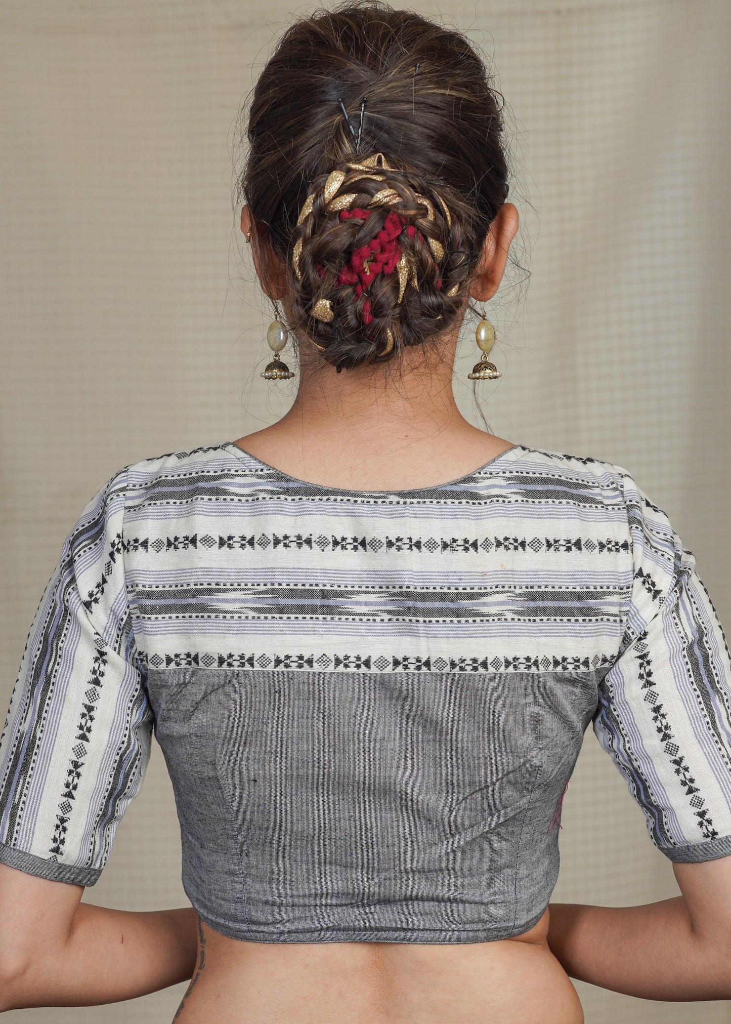 Grey Handloom Cotton Blouse with Ikat Combination