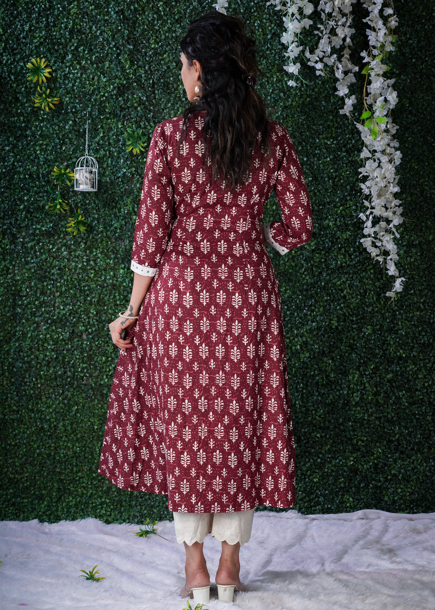Exclusive Maroon Dabu Print Angarkha  Style Kurta With Hand Embroidered Mirror work on the Yoke