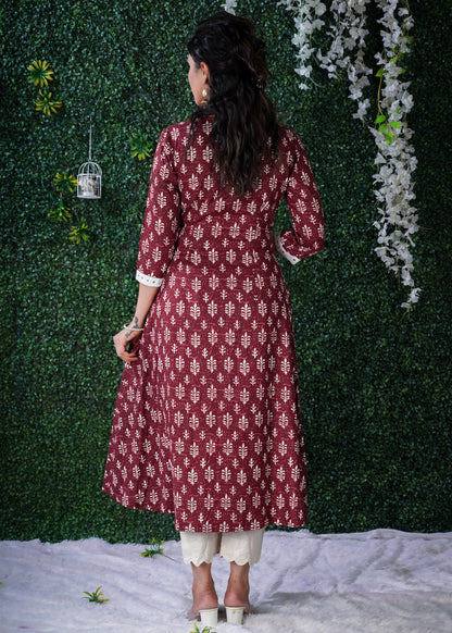 Exclusive Maroon Dabu Print Angarkha  Style Kurta With Hand Embroidered Mirror work on the Yoke