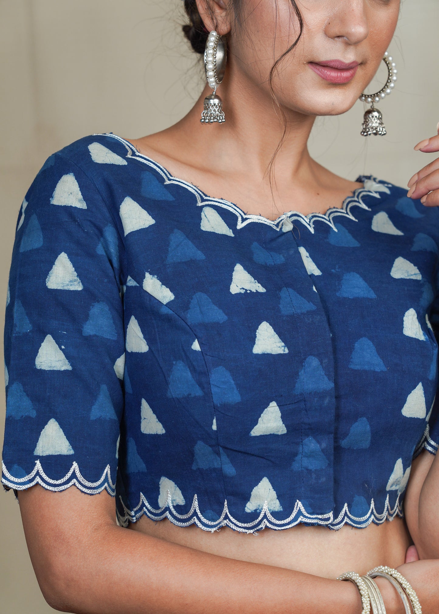 Cotton Indigo Blouse With Scalloped Neck, Sleeves and Hem